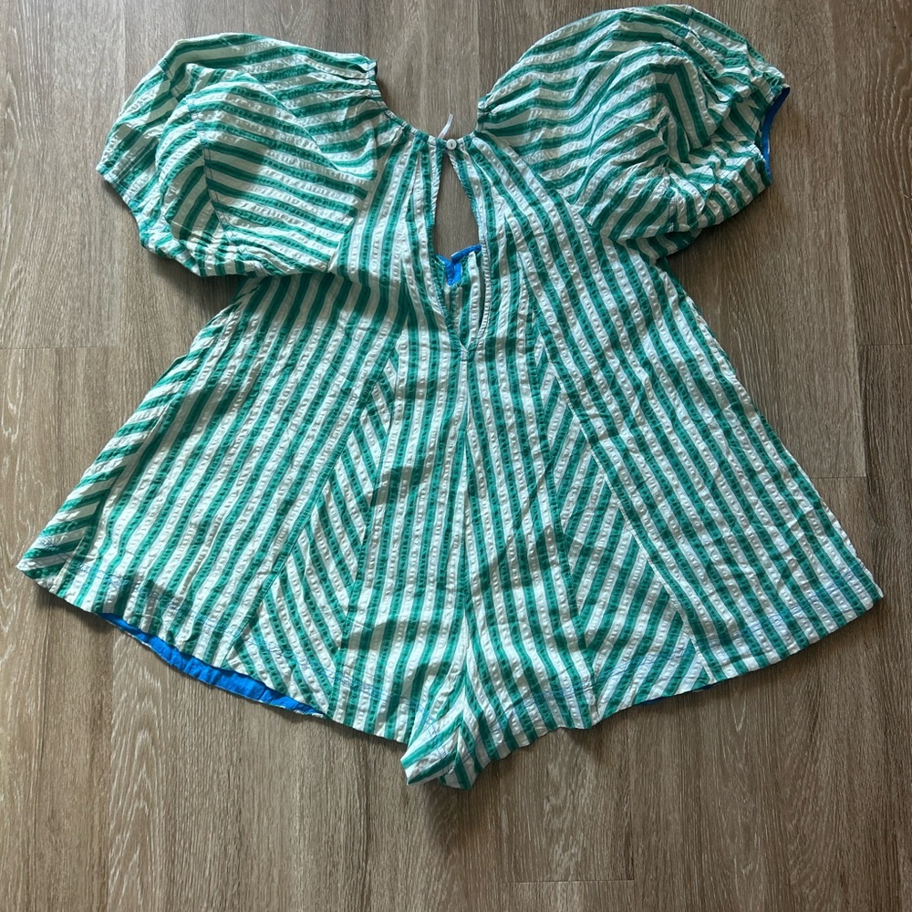 Free People Green and White Striped Puff-Sleeve Mini Dress - Picture 6 of 6